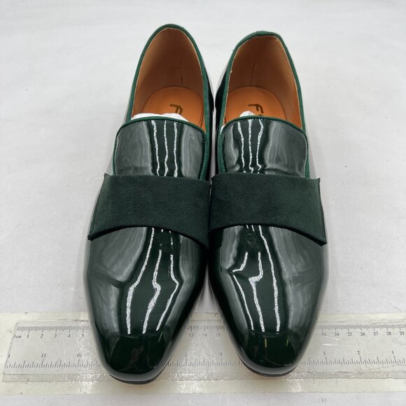 FSJ Green Men\'s Square Toe Slip-On Loafers Patent Leather Strap Across Shoes